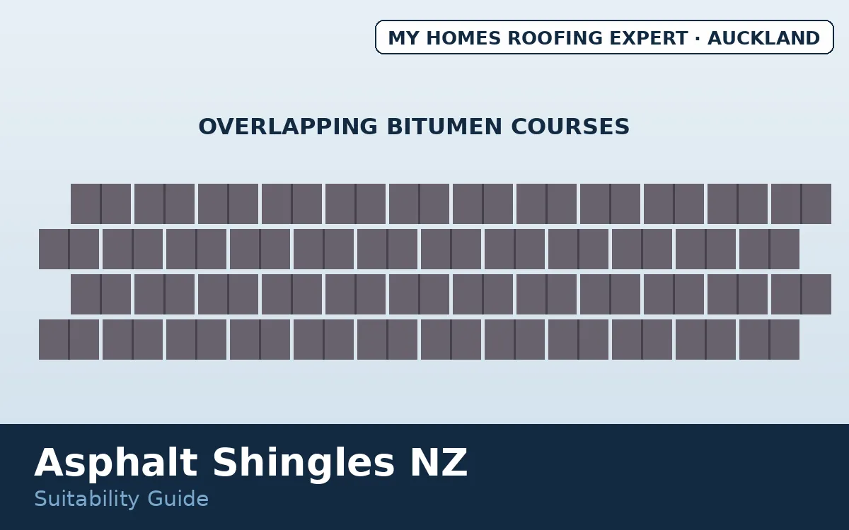Asphalt shingles NZ — shingle coursing layers on pitched roof