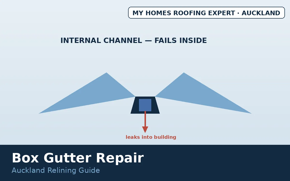 Box gutter repair Auckland — internal box gutter cross-section between roof planes