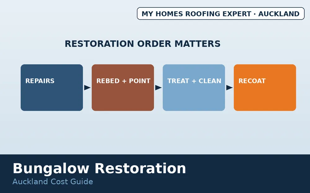 Bungalow roof restoration stages — repairs, treatment, cleaning, recoating Auckland