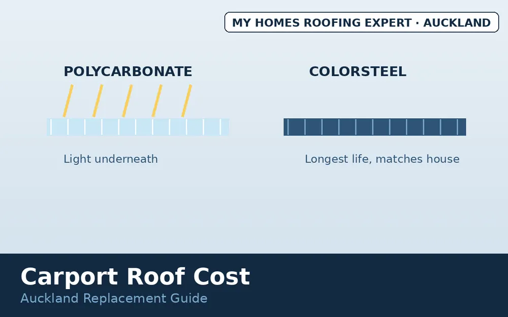 Polycarbonate and long-run metal carport roofing options compared Auckland
