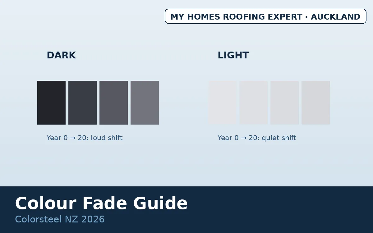 Colorsteel colour fade — dark and light roof colours fading comparison NZ