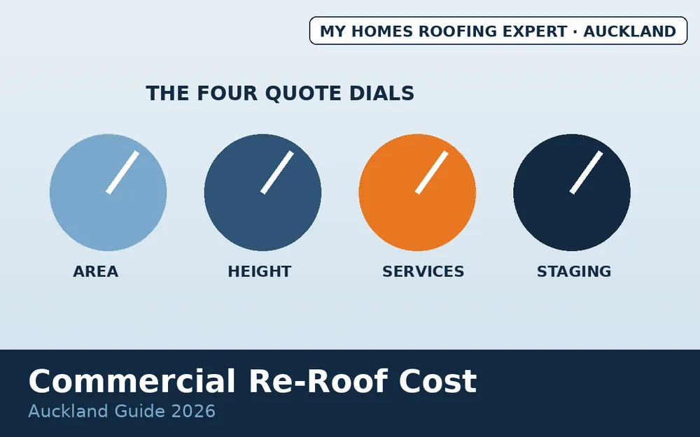 Commercial roof replacement cost factors — area, access, services, staging Auckland