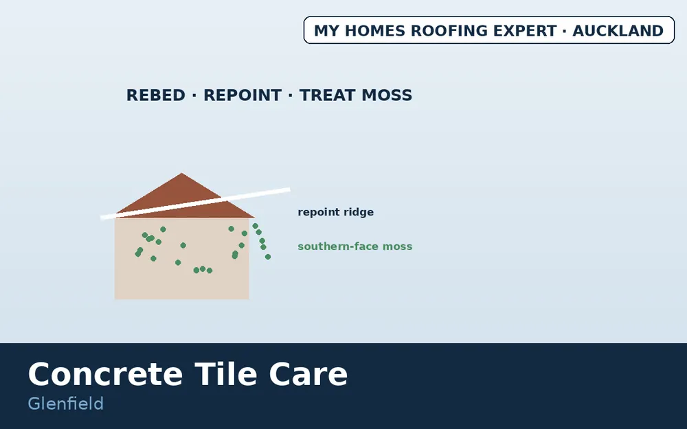 Glenfield concrete tile repointing rebedding and southern-face moss