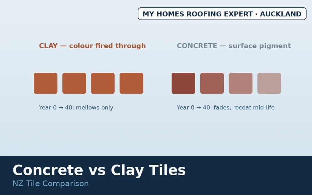 Concrete and clay tile colour and weathering comparison over decades NZ