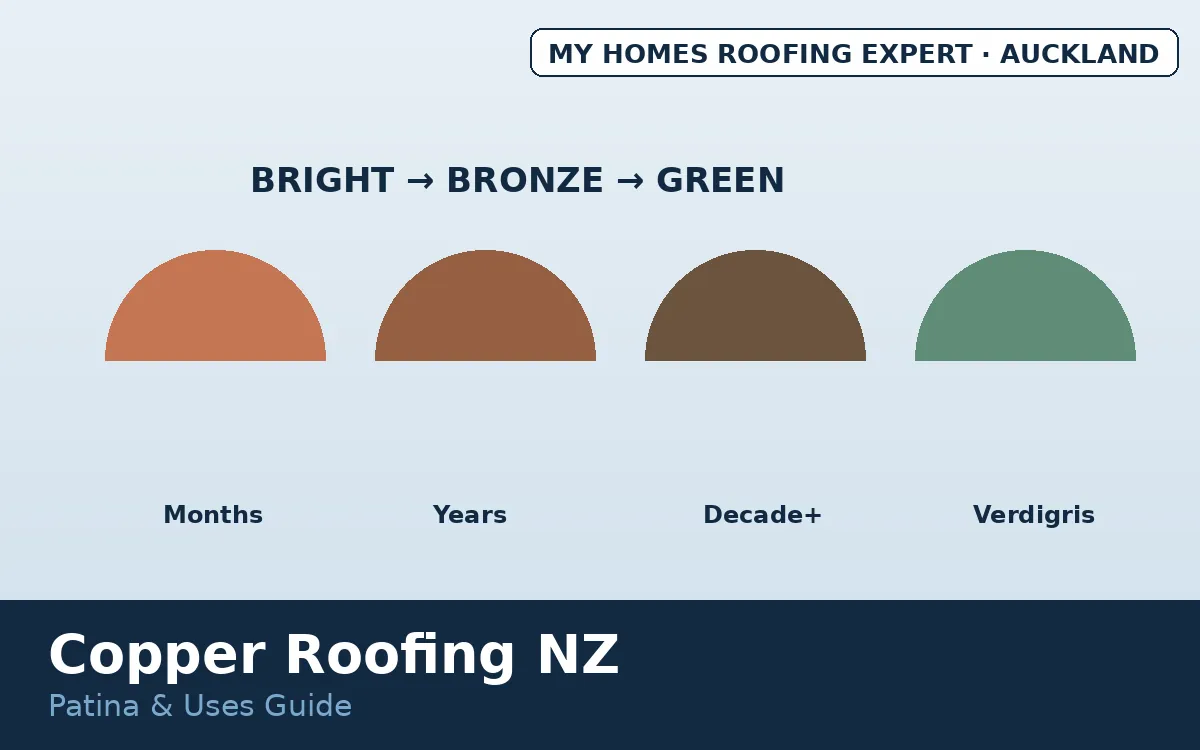 Copper roofing NZ — patina timeline from bright copper to verdigris green
