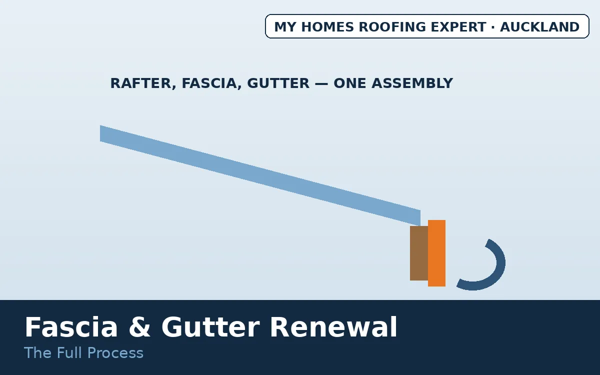 Fascia gutter replacement process — eaves line renewal stages Auckland
