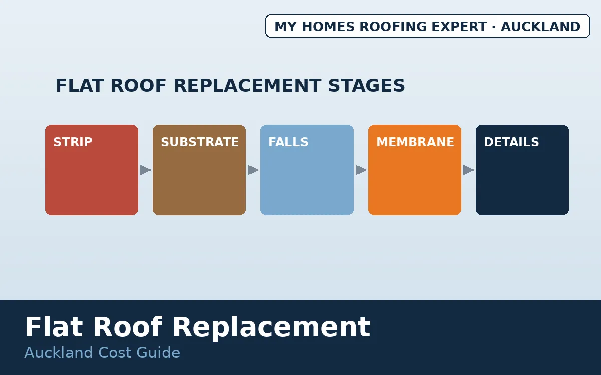 Flat roof replacement cost Auckland — low-pitch roof replacement stages