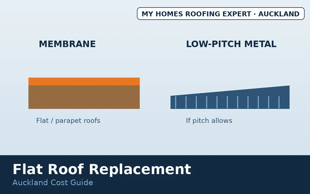 Membrane and low-pitch metal flat roof replacement options compared Auckland