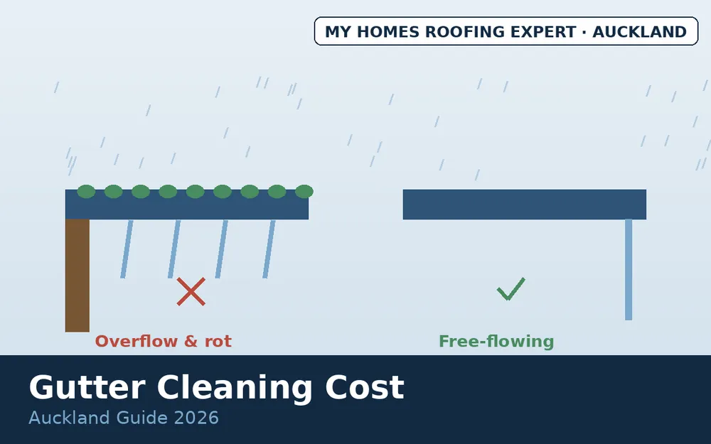 Blocked overflowing gutter damage compared with clean free-flowing gutter Auckland