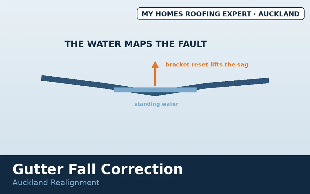 Standing water and bracket adjustment for gutter realignment Auckland