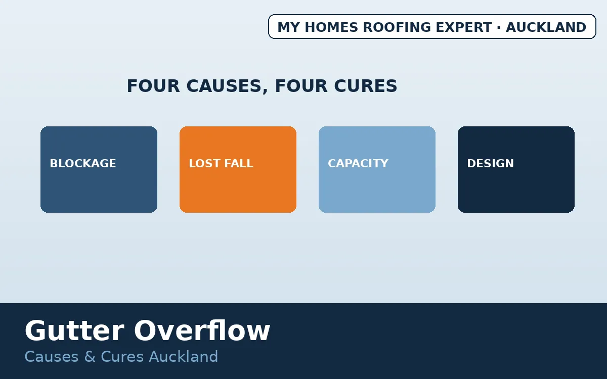 Gutter overflow fixes Auckland — four causes of overflowing gutters diagram