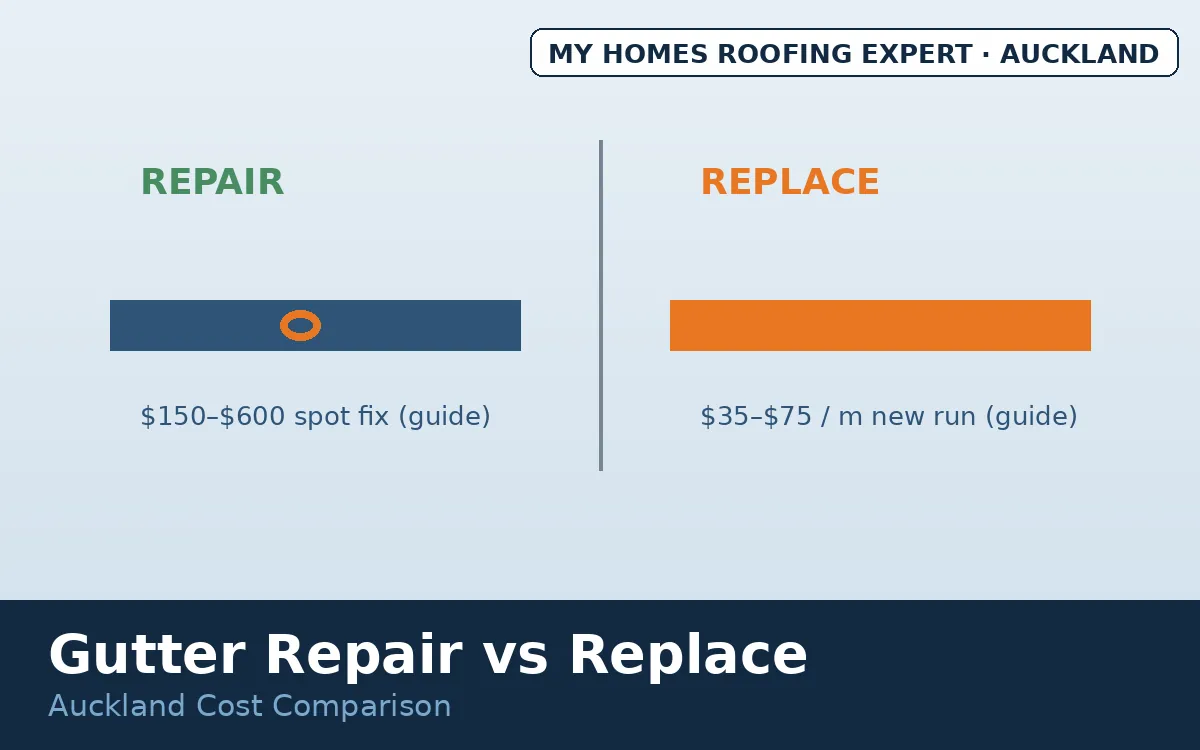 Gutter repair vs replacement cost Auckland — decision comparison for spouting