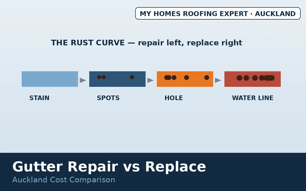 Gutter rust progression stages from surface rust to perforation Auckland