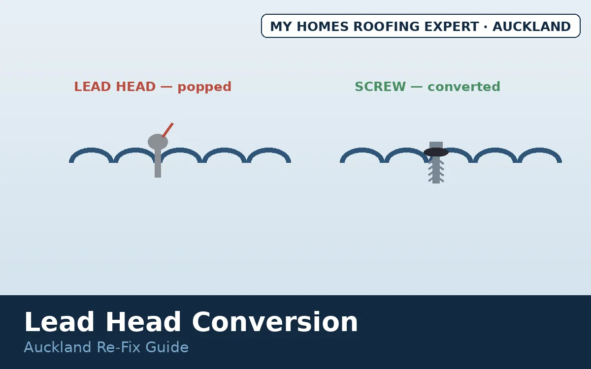 Lead head nail replacement — popped nail beside modern screw conversion Auckland