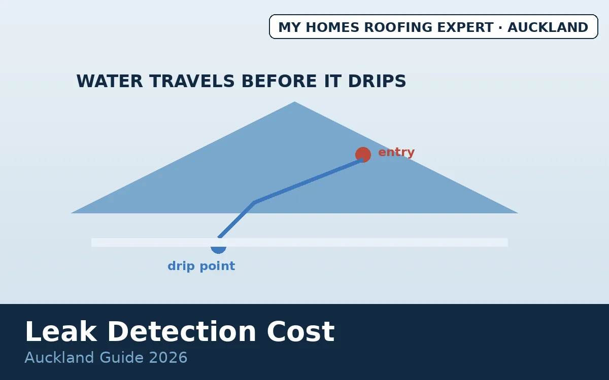Leak detection cost Auckland — water path from roof entry point to ceiling stain