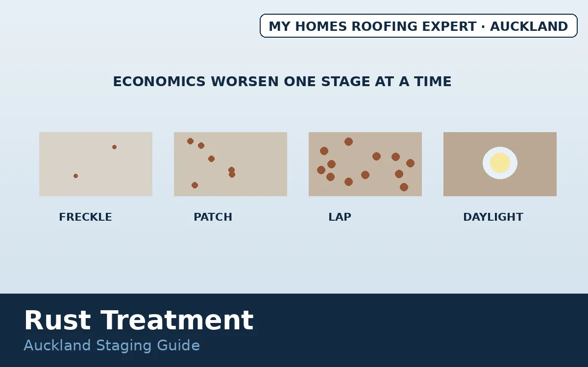 Metal roof rust treatment — rust stages from freckling to perforation Auckland