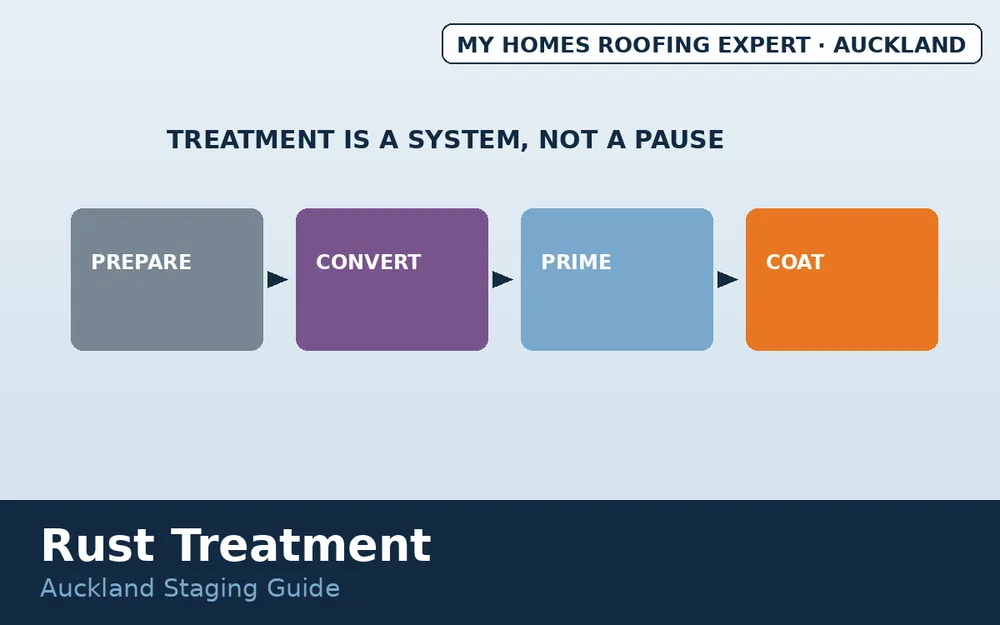 Rust treatment process convert prime coat on Auckland steel roof