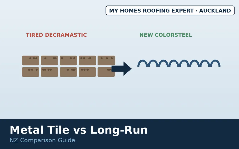 Decramastic metal tile roof upgrade to long-run Colorsteel Auckland