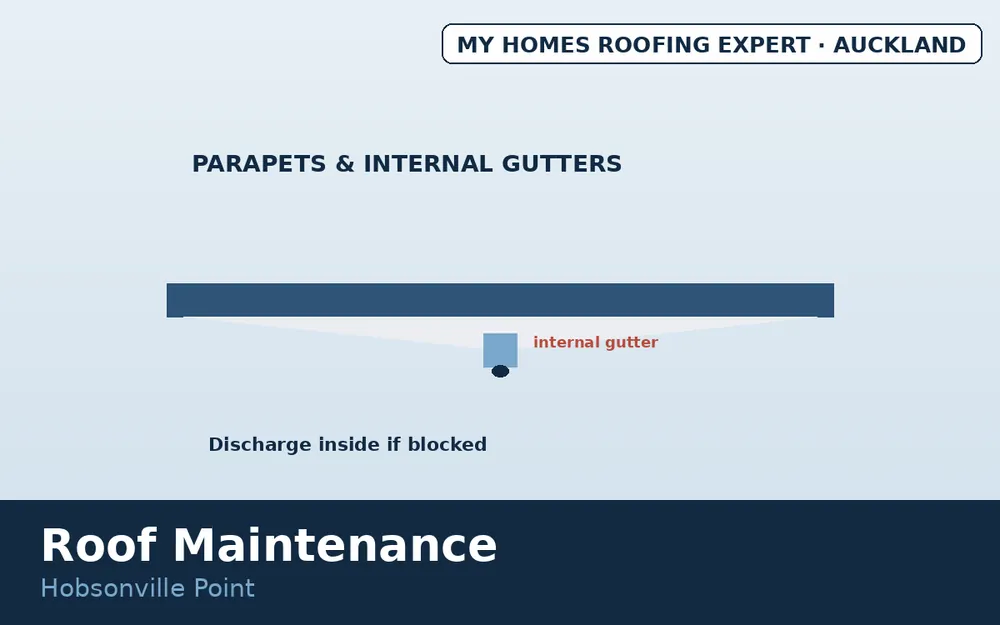 Low-pitch metal parapets and internal gutters maintenance Hobsonville Point