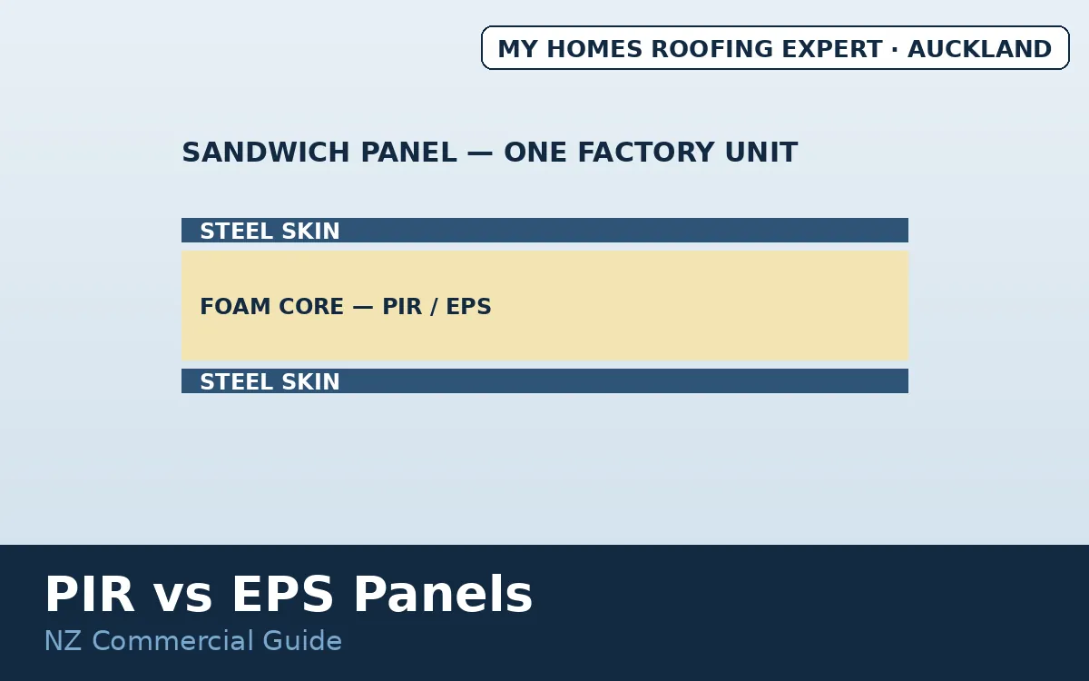 Insulated roof panels NZ — sandwich panel cutaway with core between steel skins