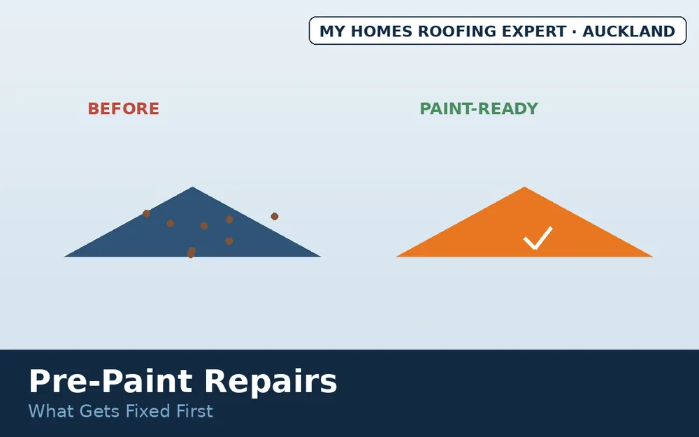 Roof before and after pre-paint repair preparation Auckland
