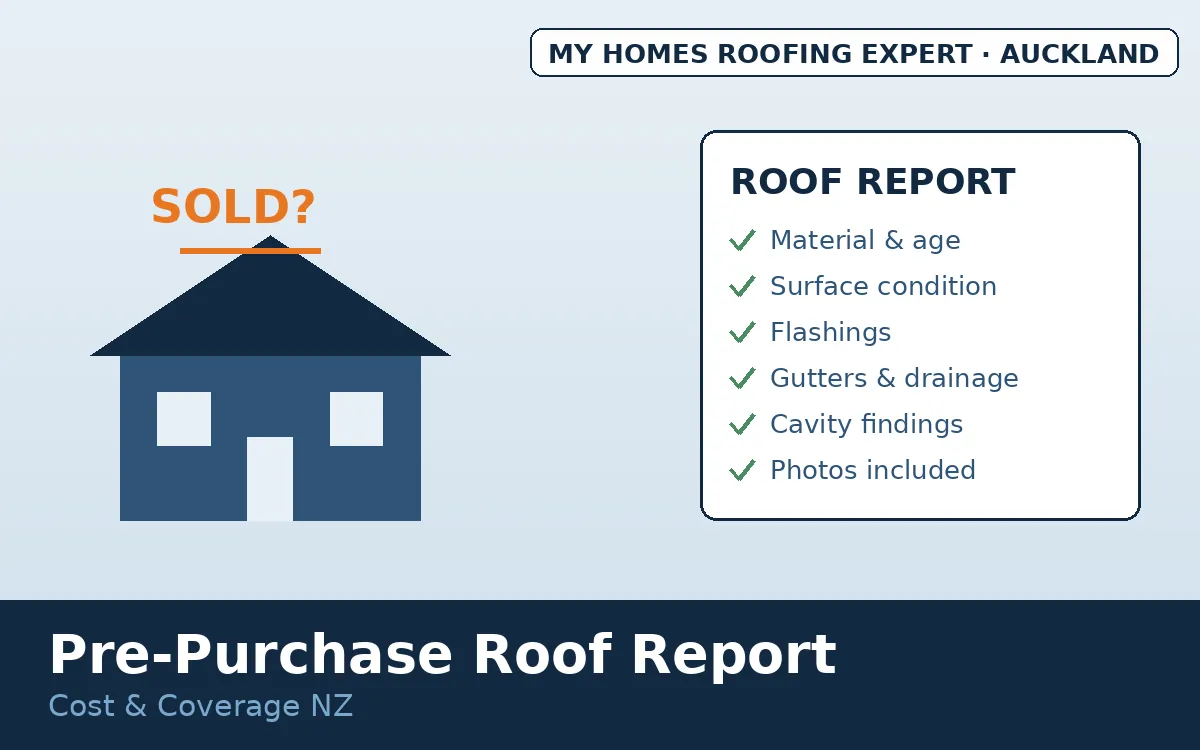 Pre-purchase roof report cost NZ — house sale and roof assessment graphic