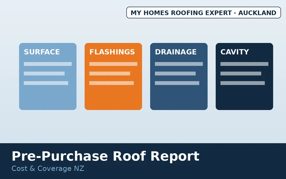 Roof report sections — surface, flashings, gutters, cavity findings for NZ home buyers