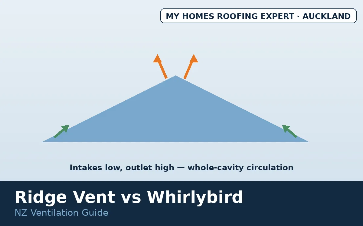 Ridge vent vs whirlybird — airflow paths through roof cavity compared NZ