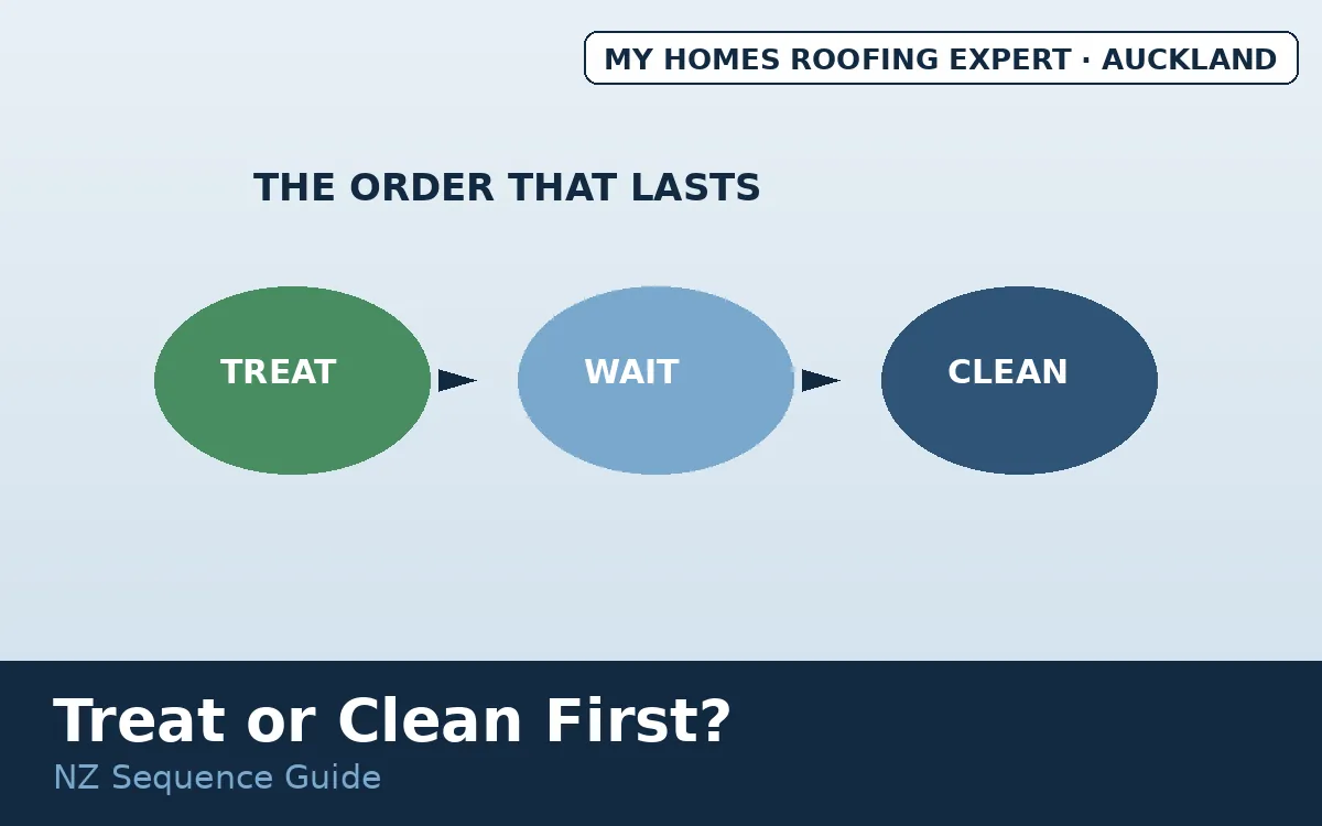 Roof cleaning or moss treatment first — correct sequence flow NZ