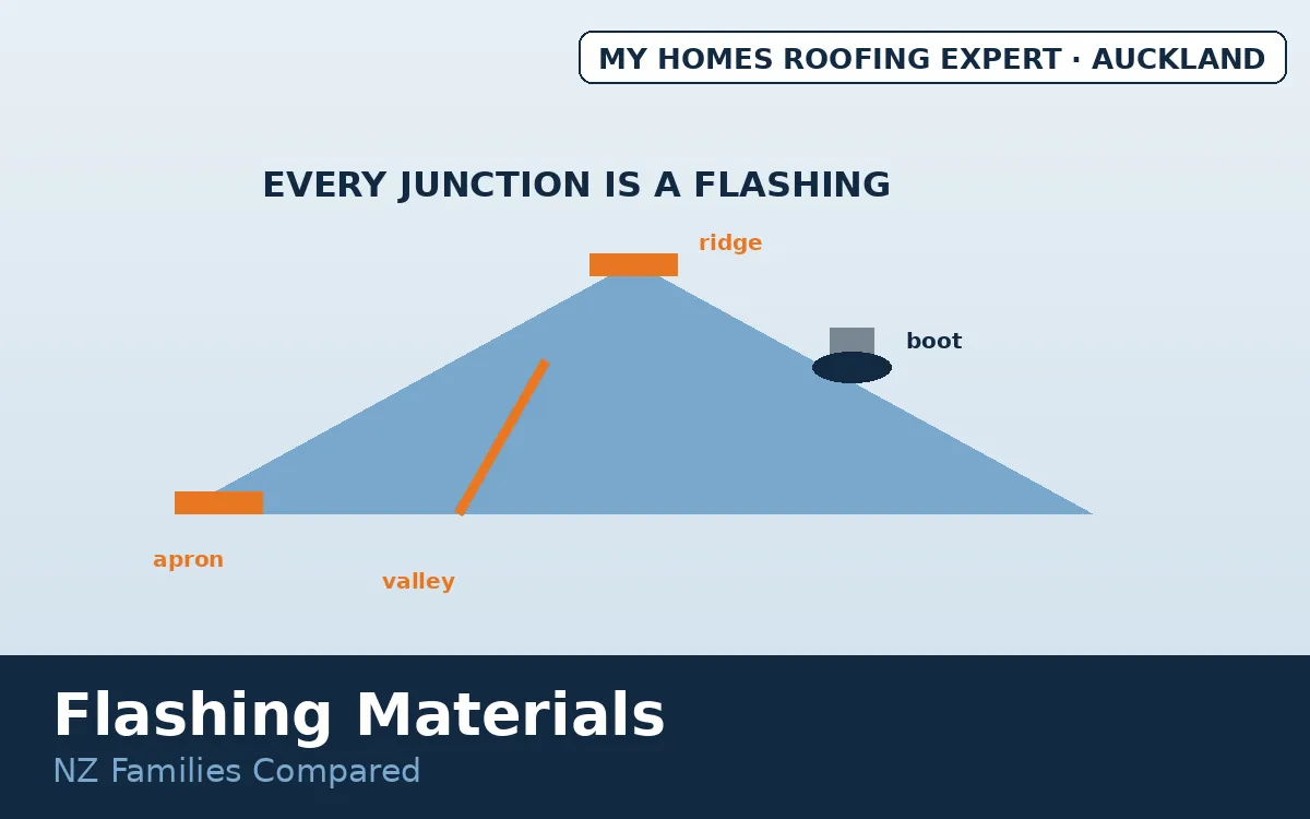 Roof flashing materials — flashing locations mapped on NZ roof
