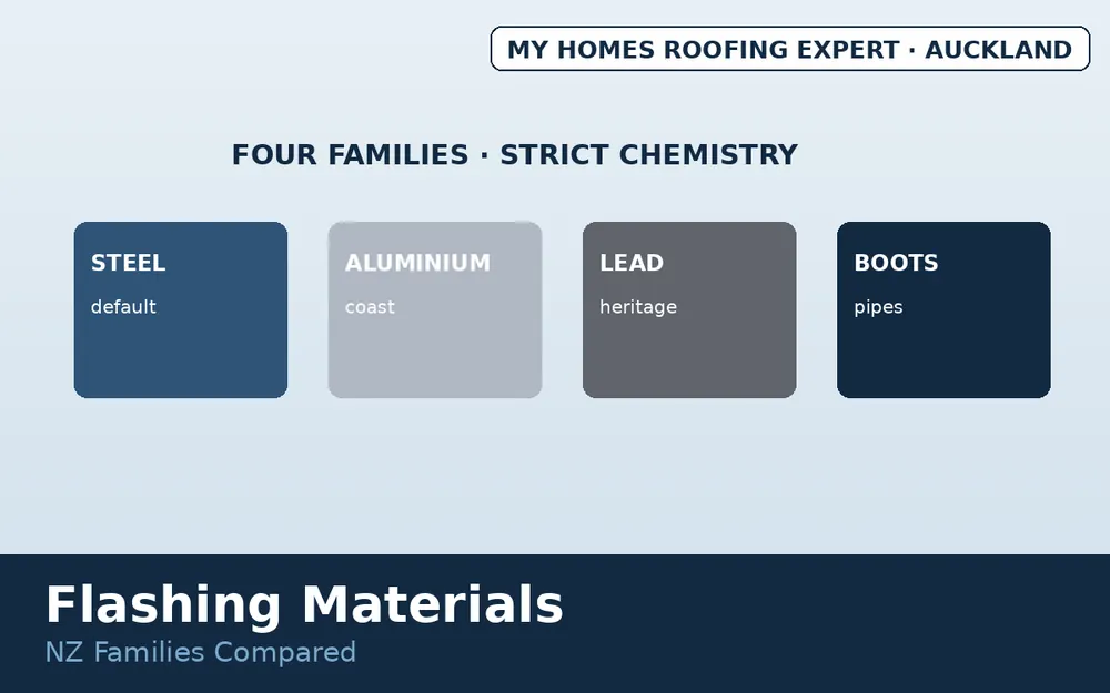 Coated steel aluminium lead and butyl flashing materials compared NZ