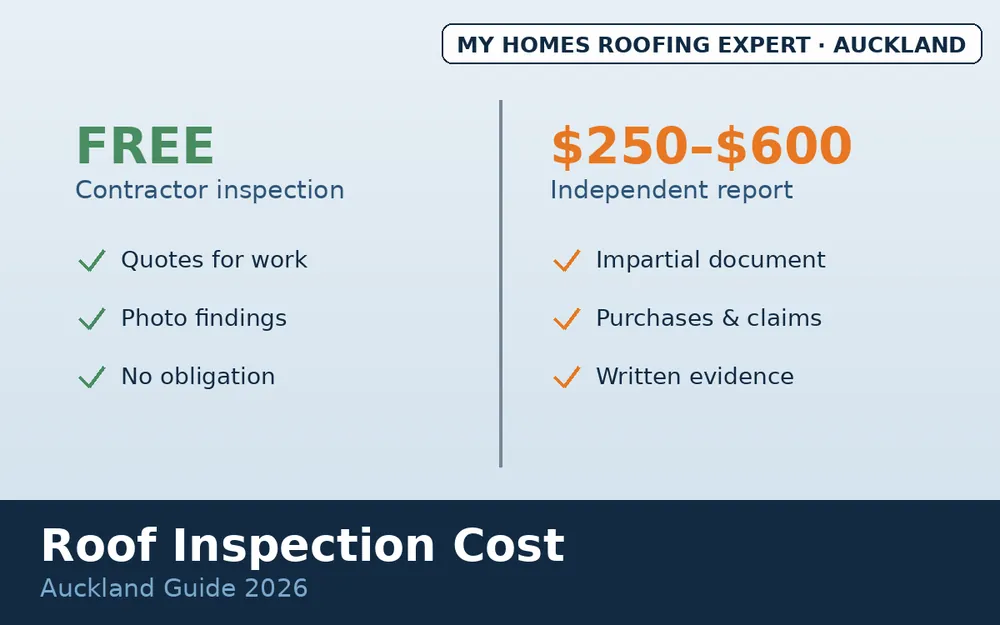 Free contractor roof inspection vs paid independent roof report comparison Auckland
