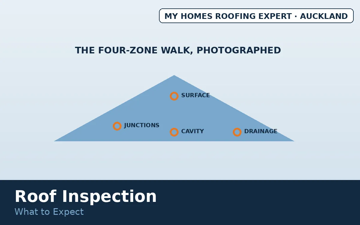 Roof inspection what to expect — inspector checking roof zones Auckland