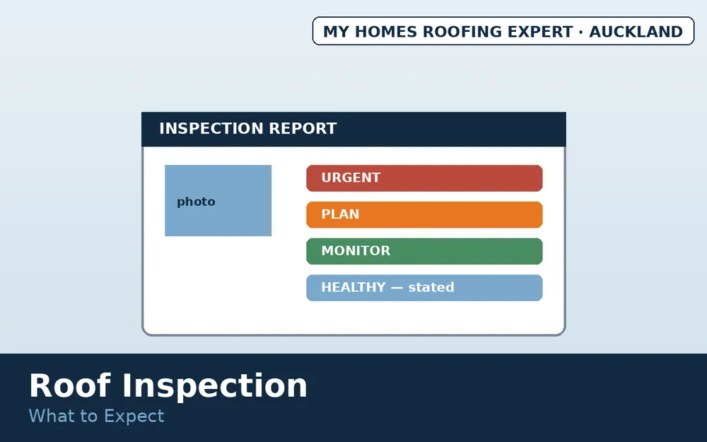 Roof inspection report sections photos findings recommendations Auckland