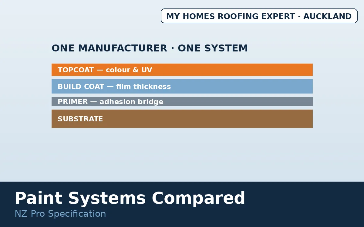 Roof paint systems NZ — primer build coat and topcoat three-stage system
