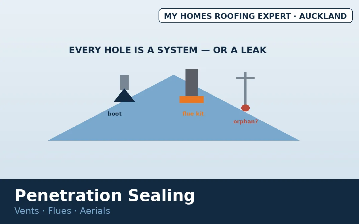 Roof penetration sealing — pipe boot flue and aerial penetrations Auckland