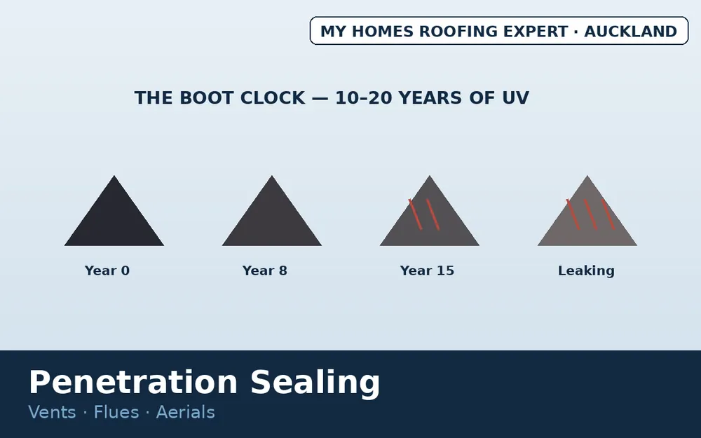 Cracked pipe boot UV aging and replacement Auckland roof