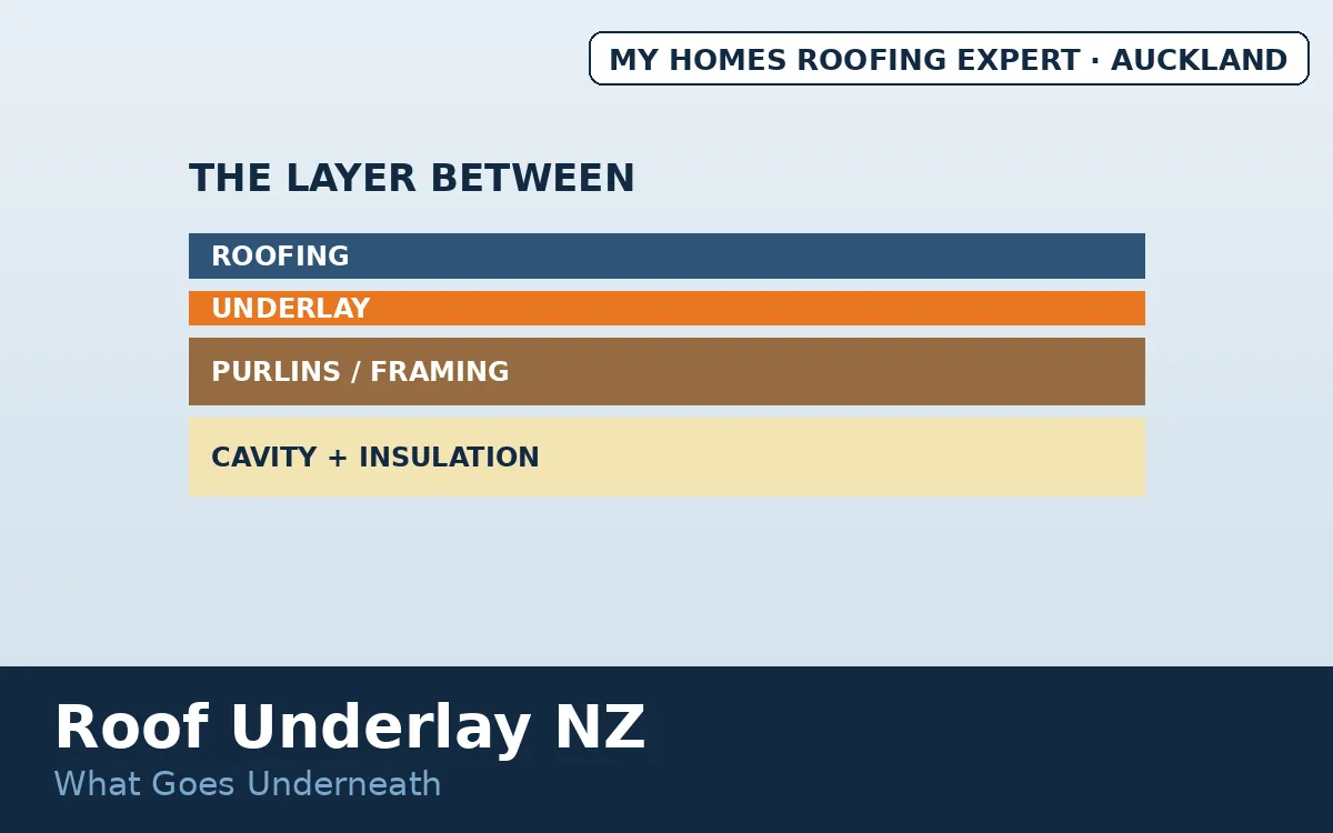 Roof underlay NZ — layer stack showing underlay between framing and roofing