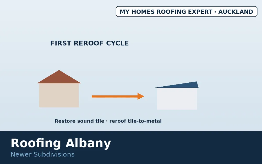 Albany first reroof cycle concrete tile to metal