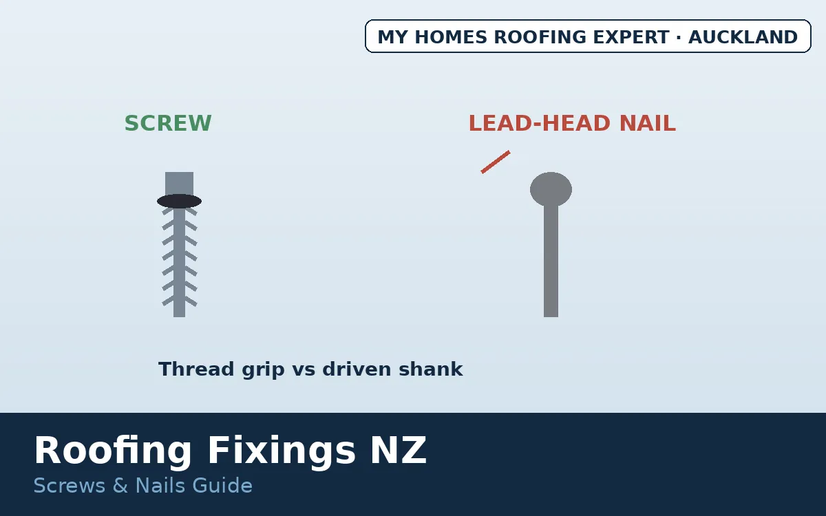Roofing fixings NZ — screw and lead head nail cross-sections compared