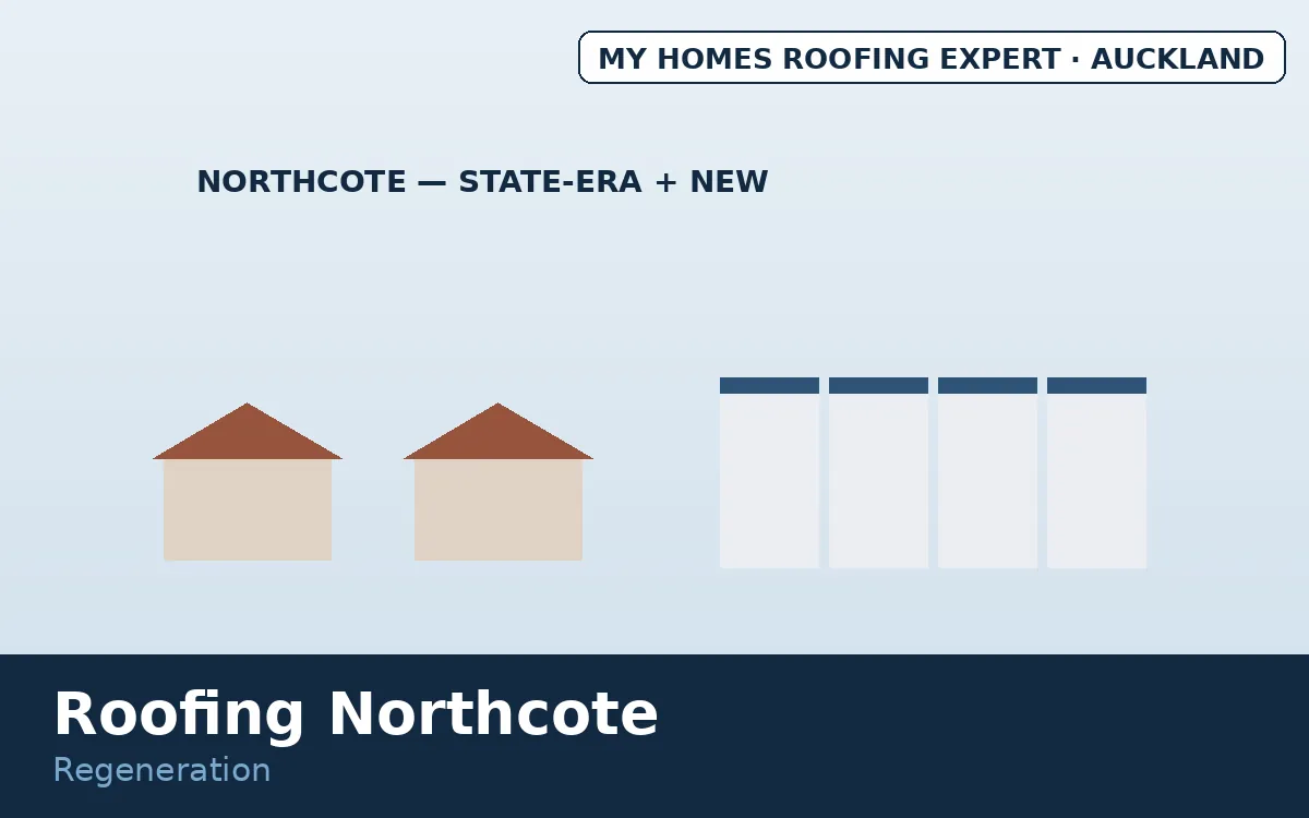 Roofing Northcote — new terraces beside 60s state-era homes