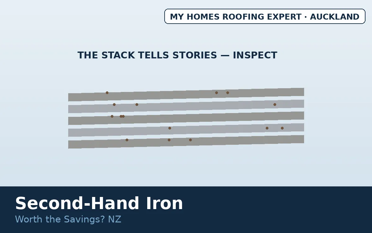 Second-hand roofing iron — used corrugate sheets stacked for inspection NZ