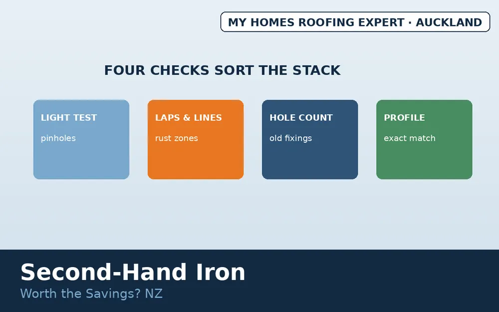 Used roofing iron inspection points — holes rust laps and profile NZ