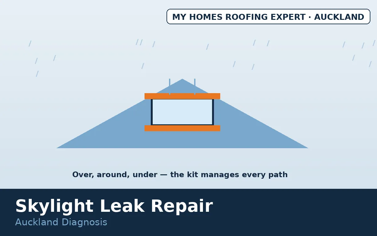 Skylight leak repair — water paths around skylight flashing Auckland