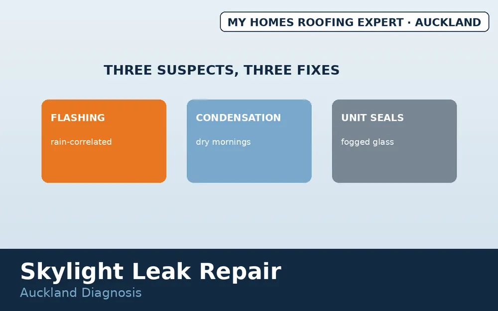 Skylight leak diagnosis flashing condensation seals Auckland