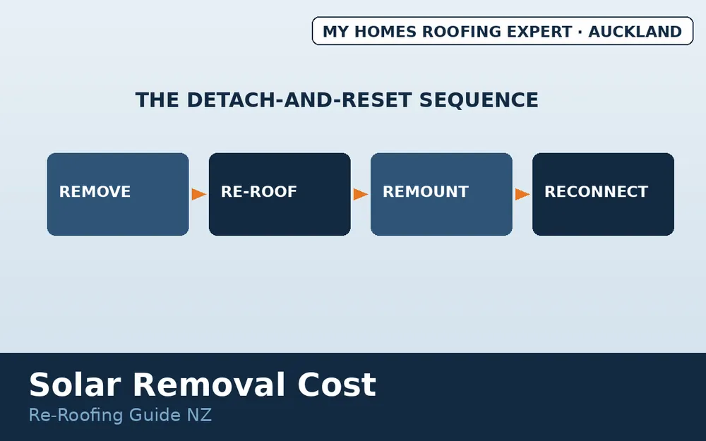 Re-roofing sequence with solar panels — remove, reroof, remount, reconnect NZ