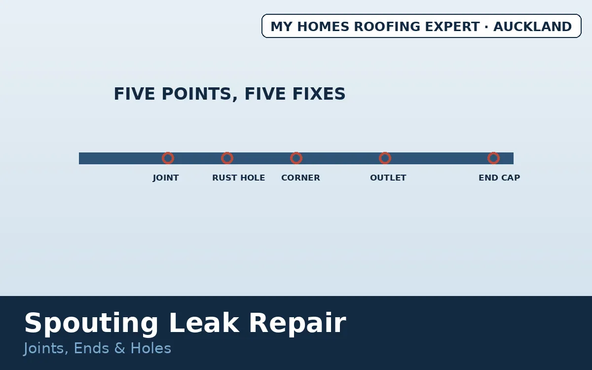 Spouting leak repair Auckland — common spouting leak points joints ends corners