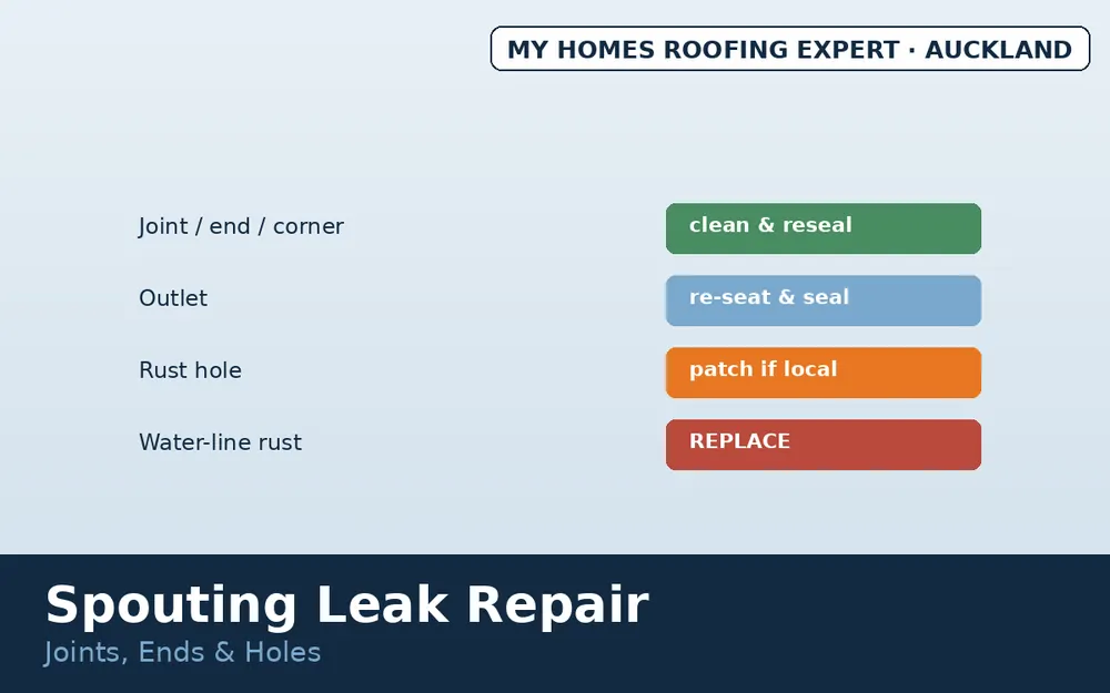 Spouting leak repair methods by leak type Auckland