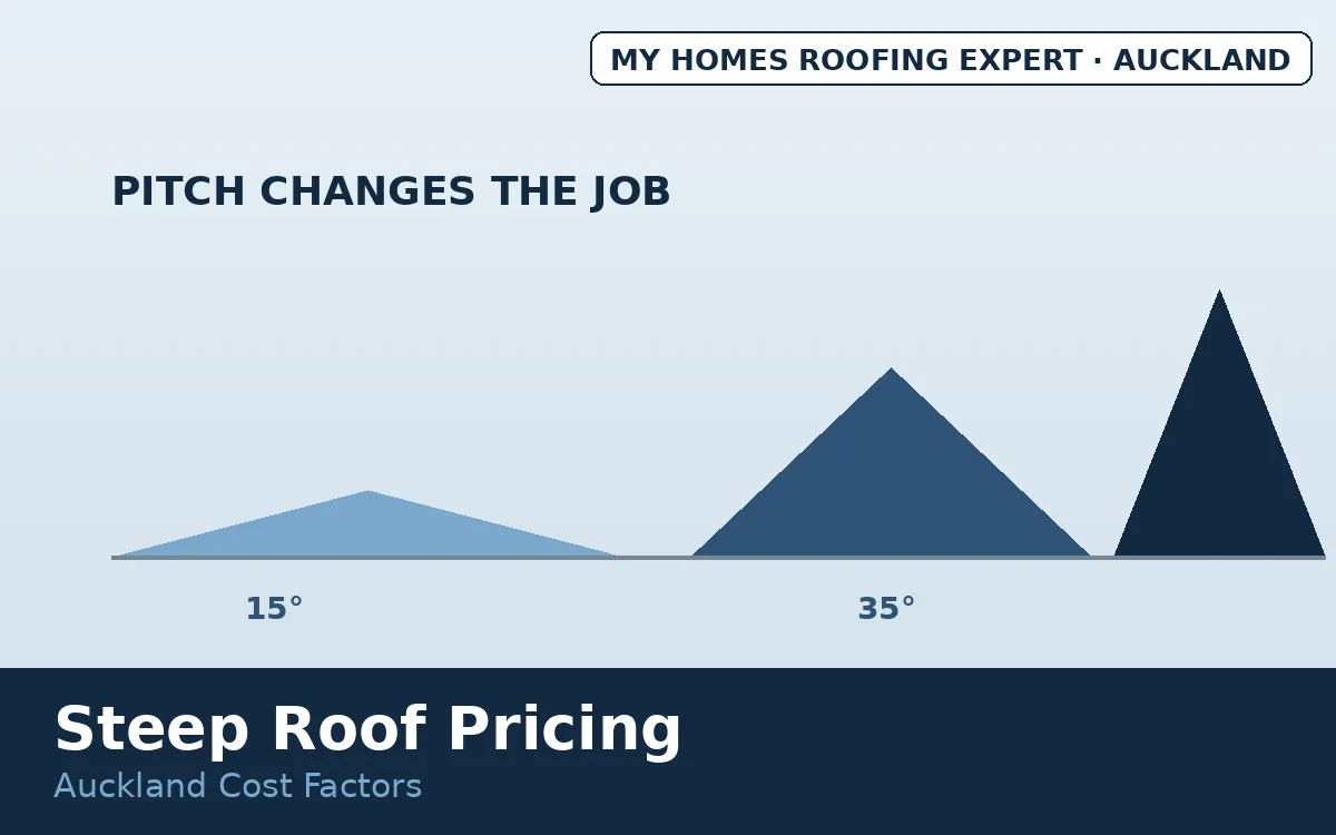 Steep roof cost factors Auckland — pitch comparison from shallow to steep roofs
