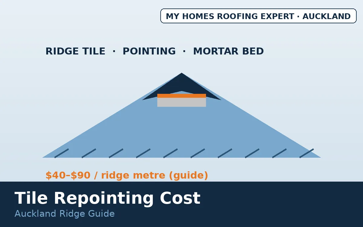 Tile roof repointing cost Auckland — ridge capping mortar and flexible pointing cross-section